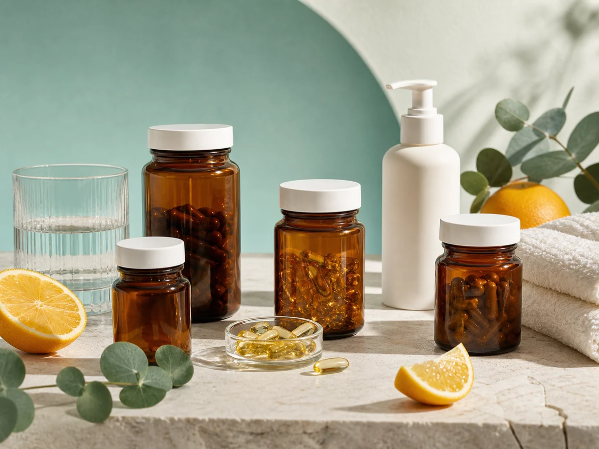 Premium wellness and personal-care essentials arranged with citrus and eucalyptus