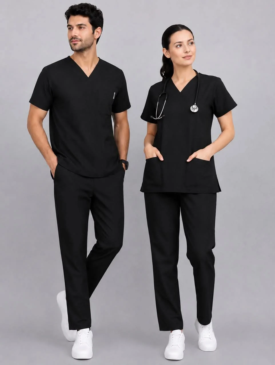 Men's and women's black V-neck medical scrub sets