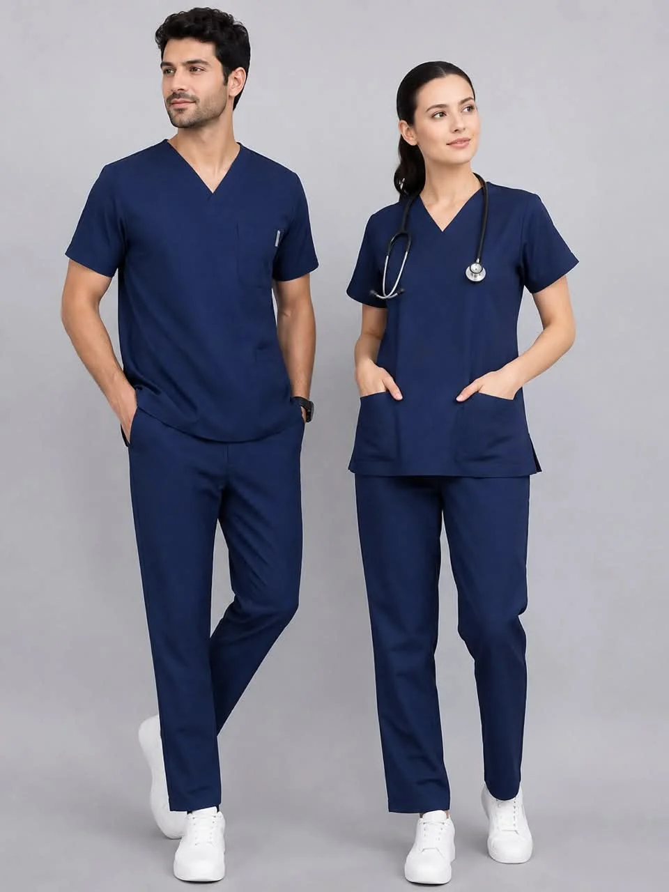 Men's and women's navy blue V-neck medical scrub sets